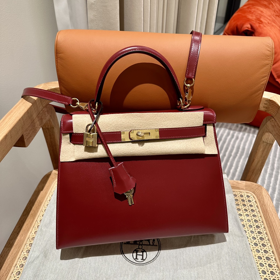 Hermes Kelly 25cm Handbag Shoulder Bag in Bordeaux Box Leather